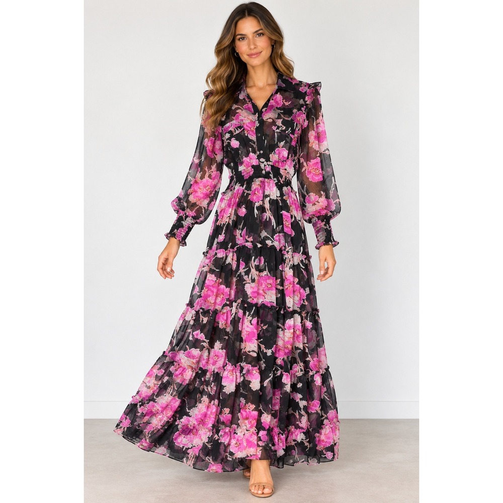 MISA Los Angeles Floral Chiffon Maxi Dress Pink Black Smocked Waist Ruffle Small
